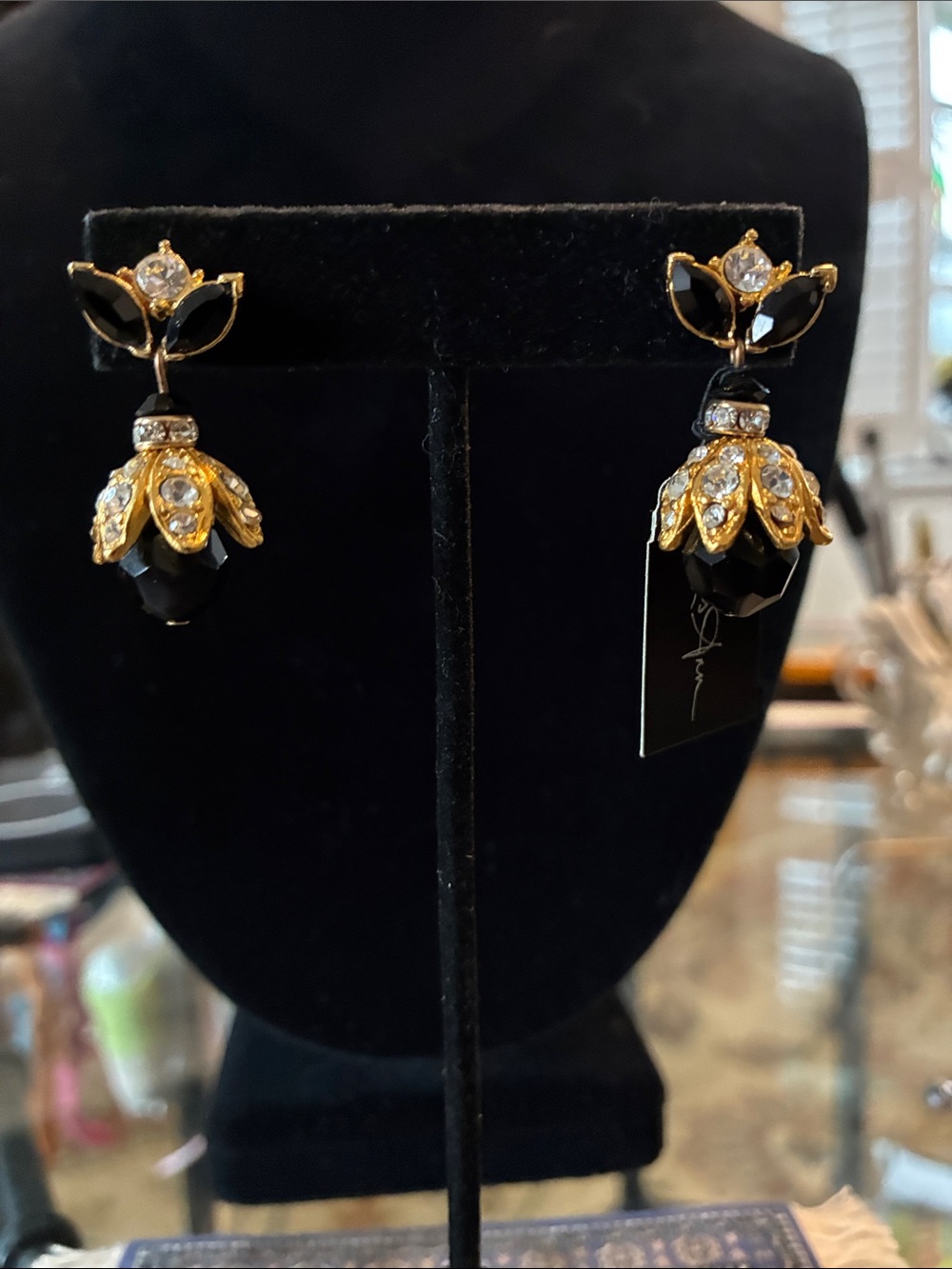 Gold and Black Floral Drop Earrings